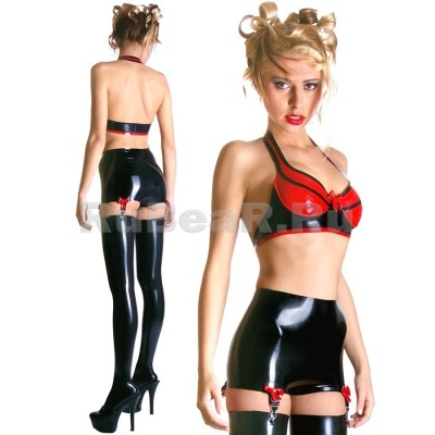 KA1022 Латексные трусы-шорты высокие с чулкодержателями и бантиками